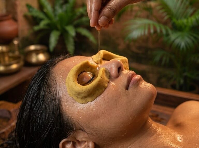 Warm medicated ghee poured into a dough ring around the eye during Akshi Tharpana