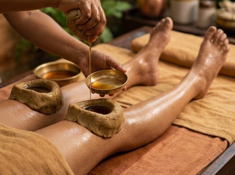 Warm medicated oil poured into dough rings over both knees during Janu Vasti