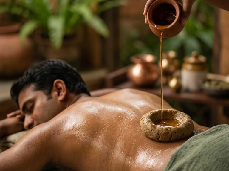 Warm medicated oil poured into a dough ring on the lower back during Kati Vasti