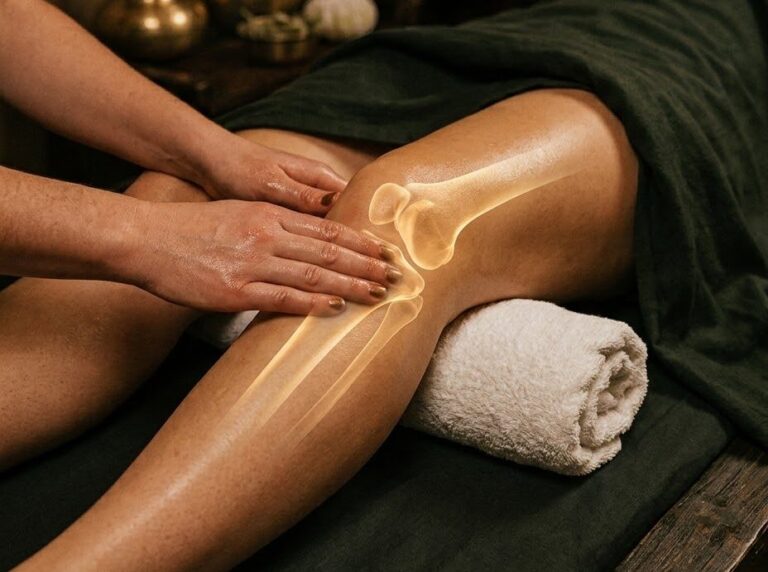 Therapist massaging the knee with warm herbal oil, knee joint shown as an illustration