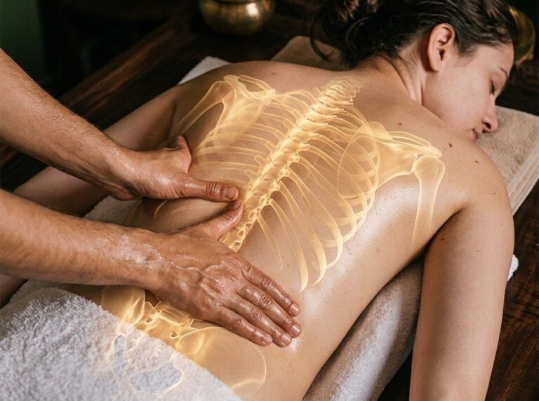 Therapist massaging the lower back with warm herbal oil, spine shown as an illustration