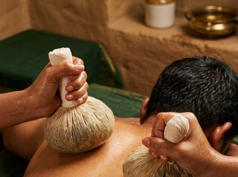 Warm herbal-leaf poultices pressed over the oiled back during Patra Pinda Sweda