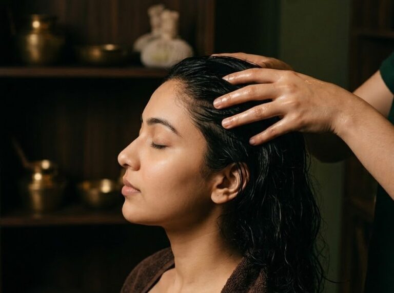 Therapist giving a seated woman a warm oil head massage