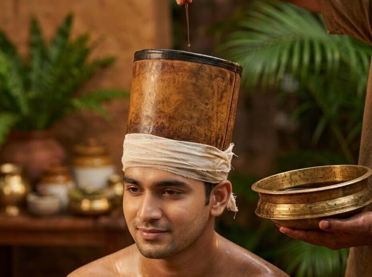 Warm oil poured into a tall leather cap fitted on the head during Shiro Vasti
