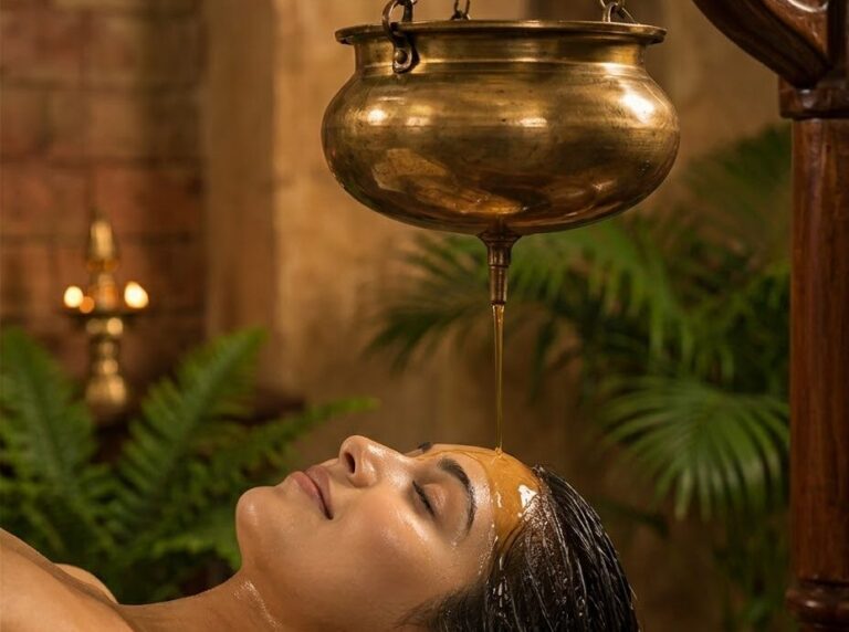 A steady stream of warm oil from a hanging brass pot onto the forehead during Shirodhara
