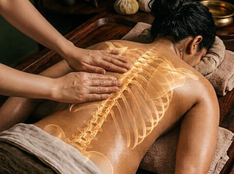 Therapist massaging a woman's upper back with warm herbal oil, spine shown as an illustration