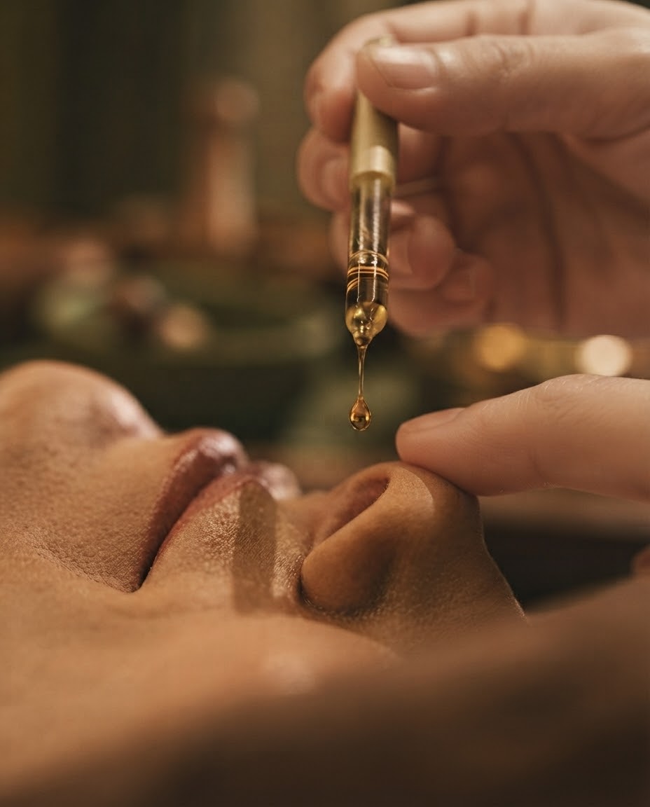 Medicated oil drop being administered into the nose during Ayurvedic Nasya therapy