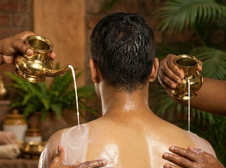 Two therapists pouring warm medicated milk over the shoulders and back during Ksheeradhara