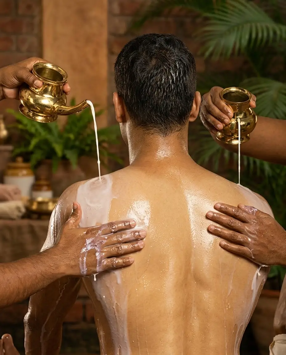 Two Ayurvedic therapists pouring warm medicated milk over a patient’s back from brass vessels