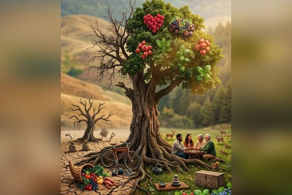 Illustration contrasting a withered tree with a thriving one, representing lifestyle and long-term health