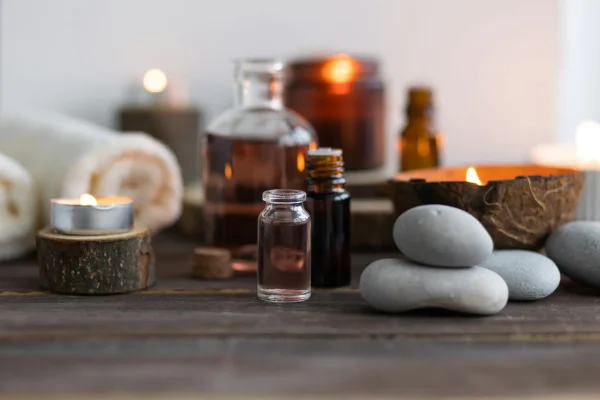 Concept of natural essential organic oils, Bali spa, beauty treatment, relax time. Atmosphere of