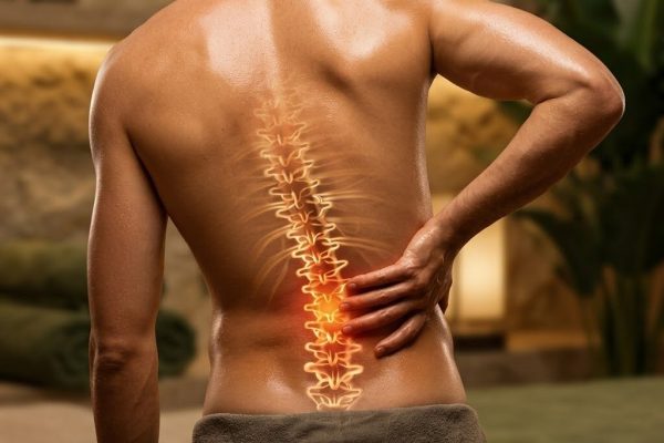 Man holding his lower back, with the spine highlighted to show back pain