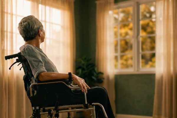 Older woman in a wheelchair looking out of a sunlit window