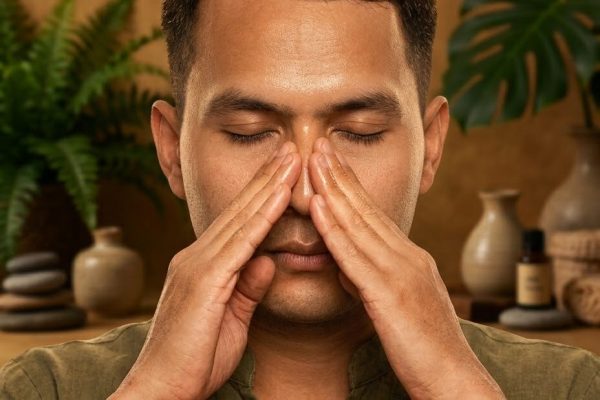 Man pressing the sides of his nose with his eyes closed